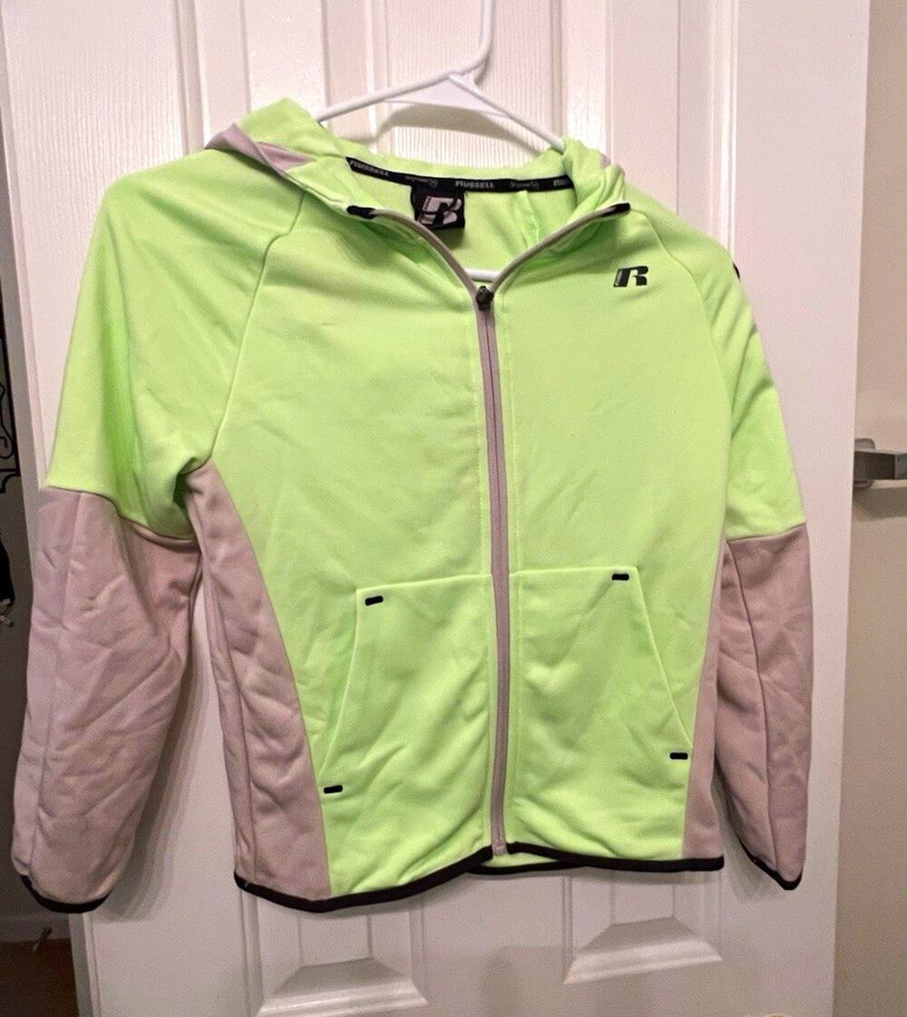 Russell Dri-Power 360 Kids Medium 8 Neon Green Gray Hooded Full Zip Jacket